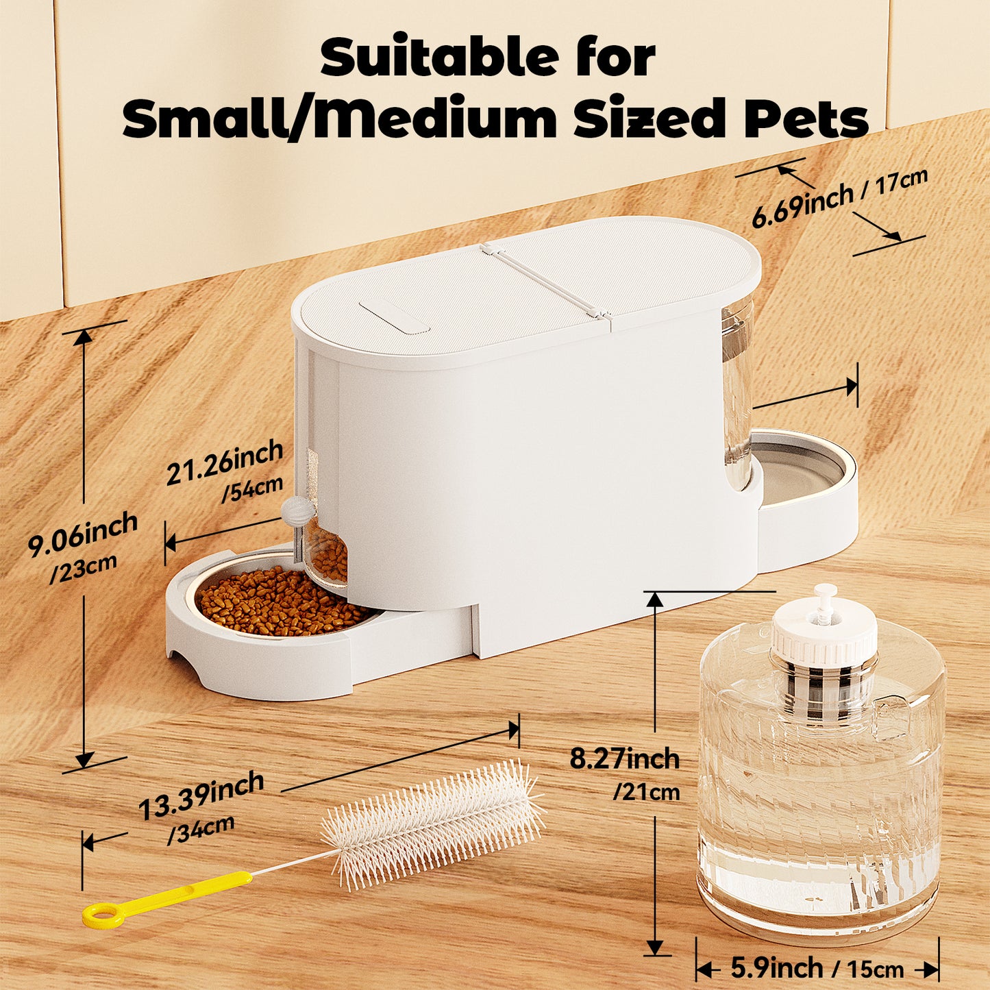 Automatic Cat Feeder 2-in-1 Set, Gravity Cat Food Feeder and Water Dispenser, Dog Feeding & Watering Supply with Stailess Steel Bowls, Large Capacity Low Noise, White