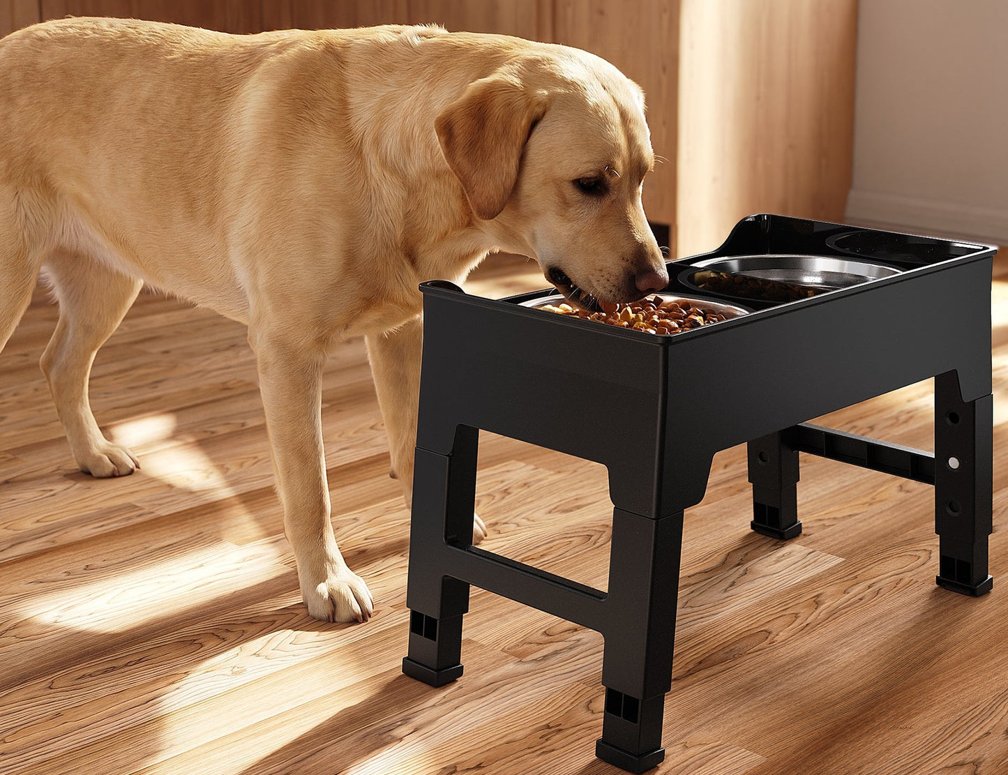 4 Heights Adjustable Elevated Dog Bowls with Splash Proof Guard, 2L Stainless Steel Food Water Raised Feeder Bowls for Small Medium Large Dogs