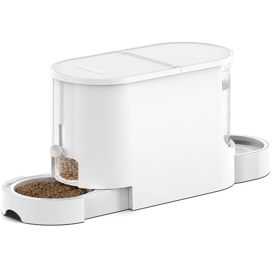Automatic Cat Feeder 2-in-1 Set, Gravity Cat Food Feeder and Water Dispenser, Dog Feeding & Watering Supply with Stailess Steel Bowls, Large Capacity Low Noise, White