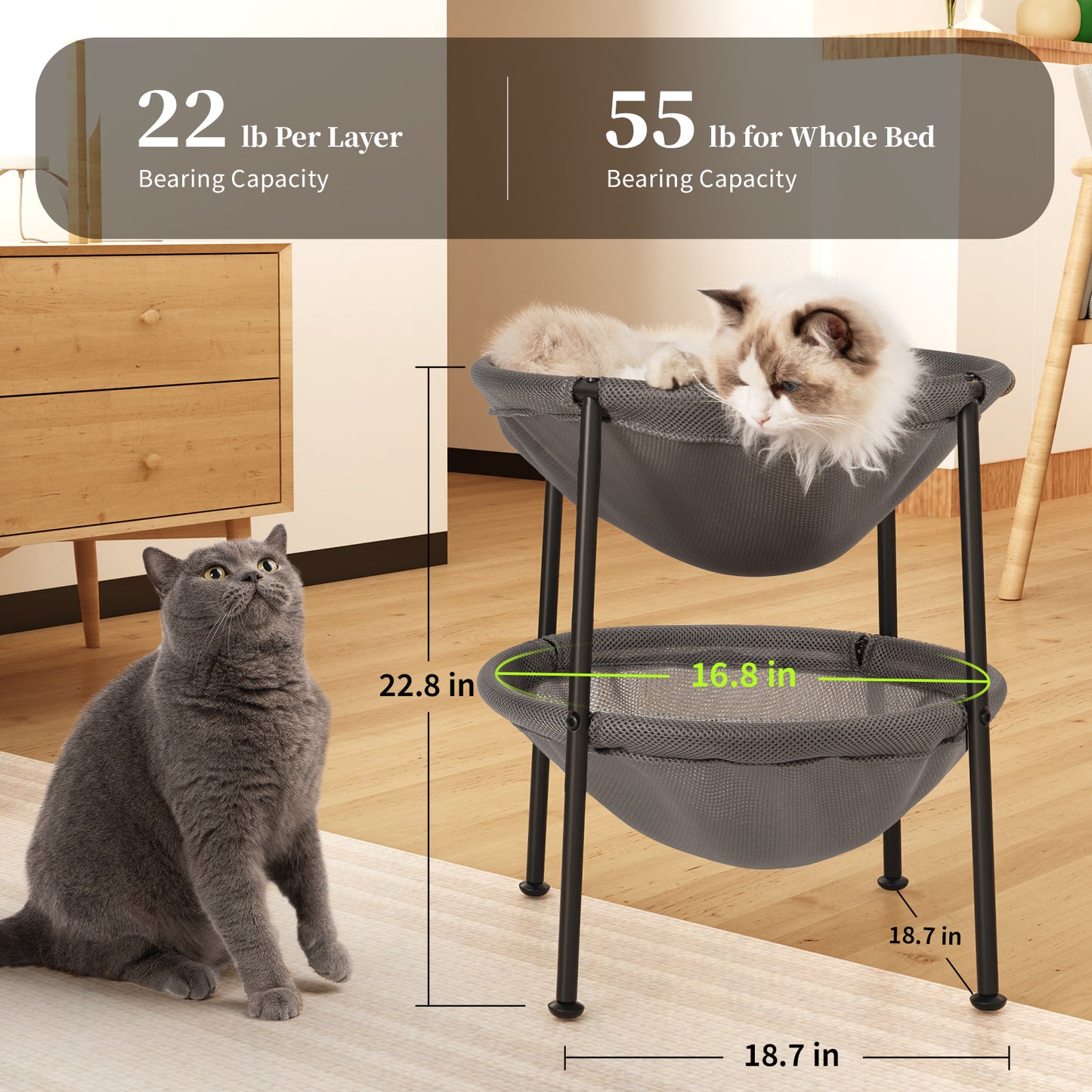 2 Tier Cat Beds, Easy Assembly Cat Hammock for Multi-cat Household, Indoor & Outdoor
