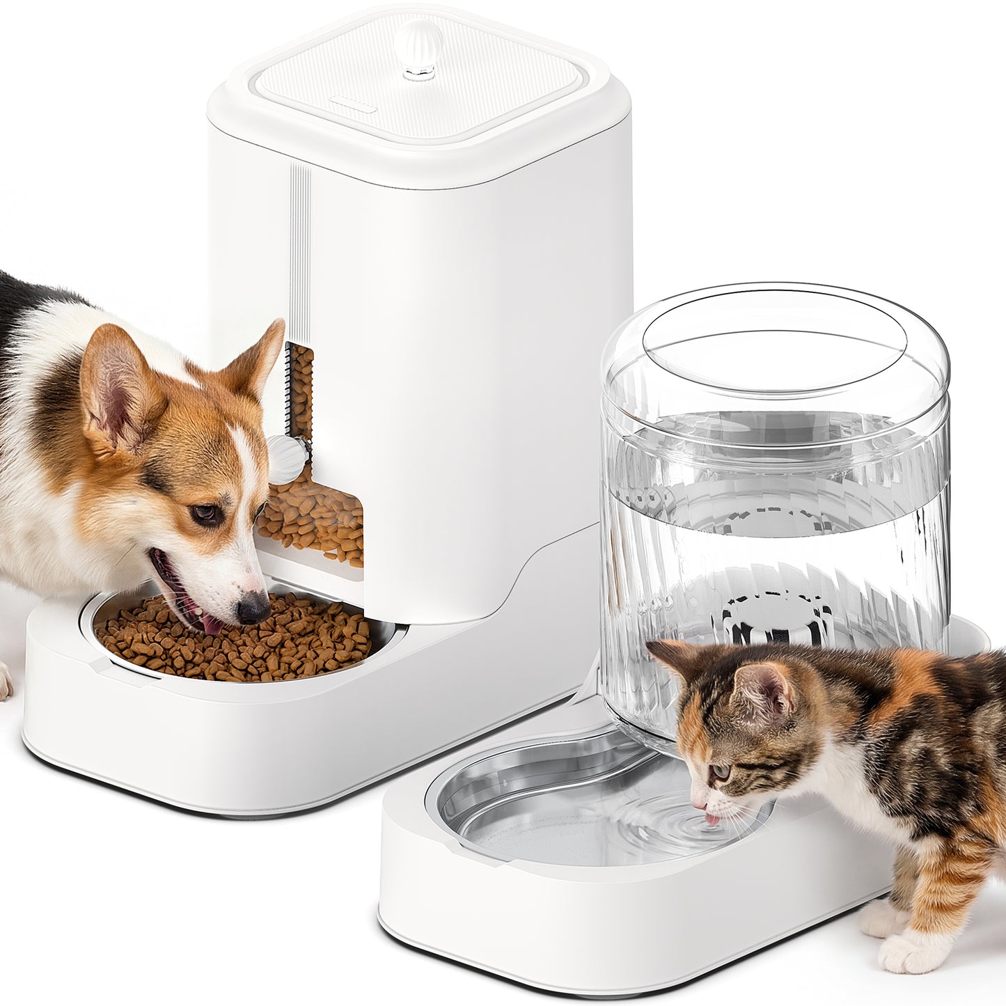 Automatic Cat Feeder Dog Water Bowl Dispenser Set with Stainless Steel Bowl, Adjustable Food Dispensing & Keep Food Dry, Auto Pet Feeder and Waterer for Cats and Dogs