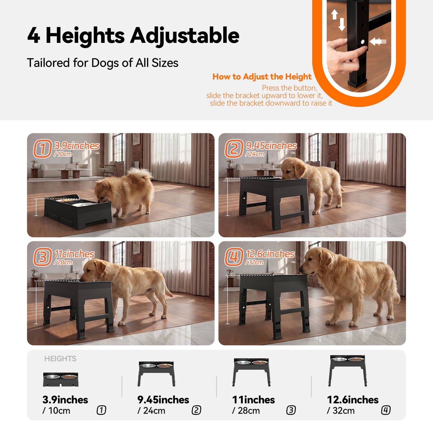 Elevated Dog Bowls Mess Proof with Splash Guard 4 Heights Adjustable Raised Stand with 2L (67 oz) Stainless Steel Bowls, Lifted Food Water Feeder for Small, Medium & Large Dogs