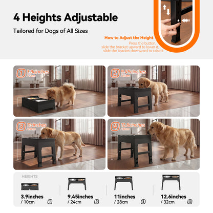 Elevated Dog Bowls Mess Proof with Splash Guard 4 Heights Adjustable Raised Stand with 2L (67 oz) Stainless Steel Bowls, Lifted Food Water Feeder for Small, Medium & Large Dogs