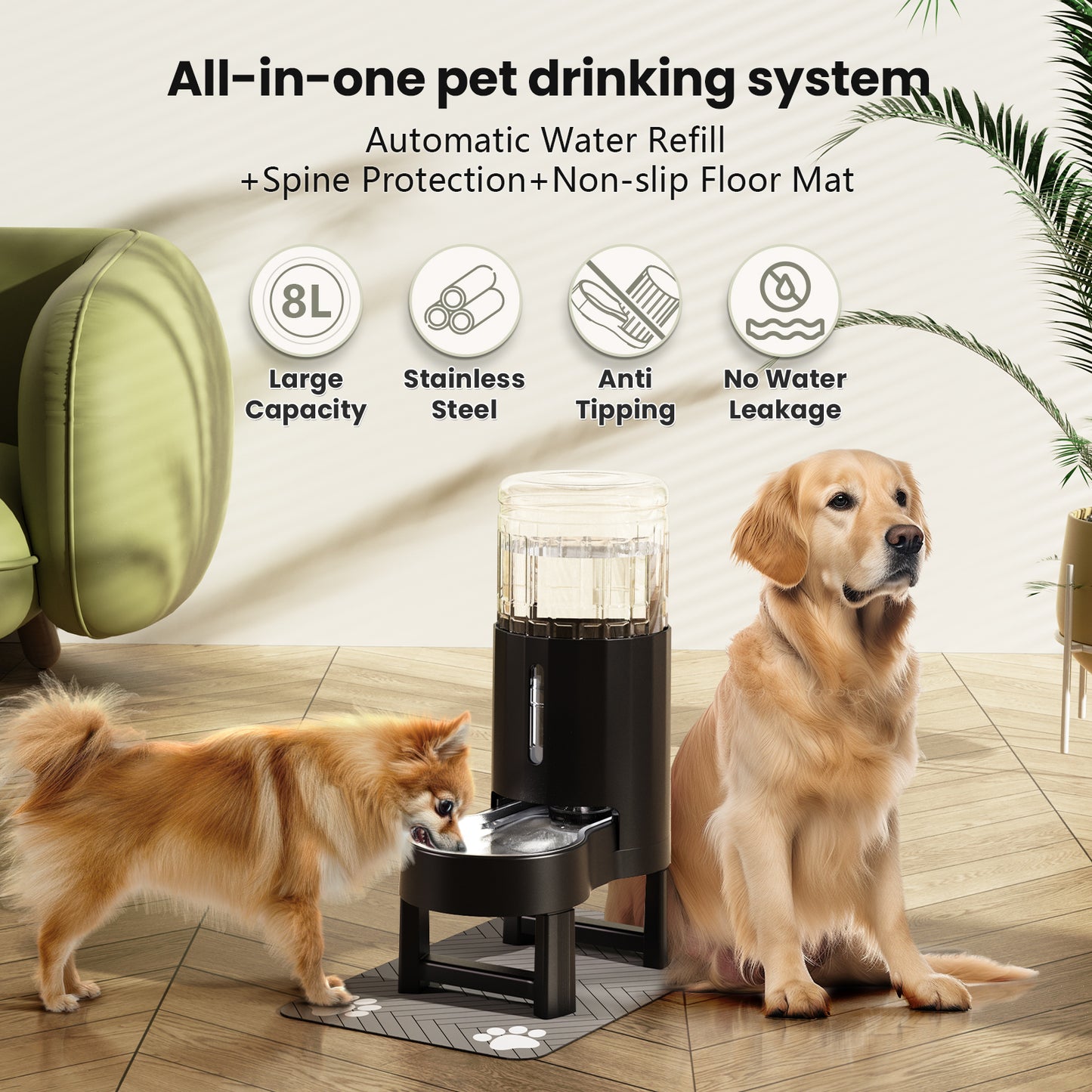 Elevated Dog Water Bowl Dispenser with Mat, Tall Raised Pet Waterer Stand, Relieve Neck Pressure (Stand+Mat, Black)