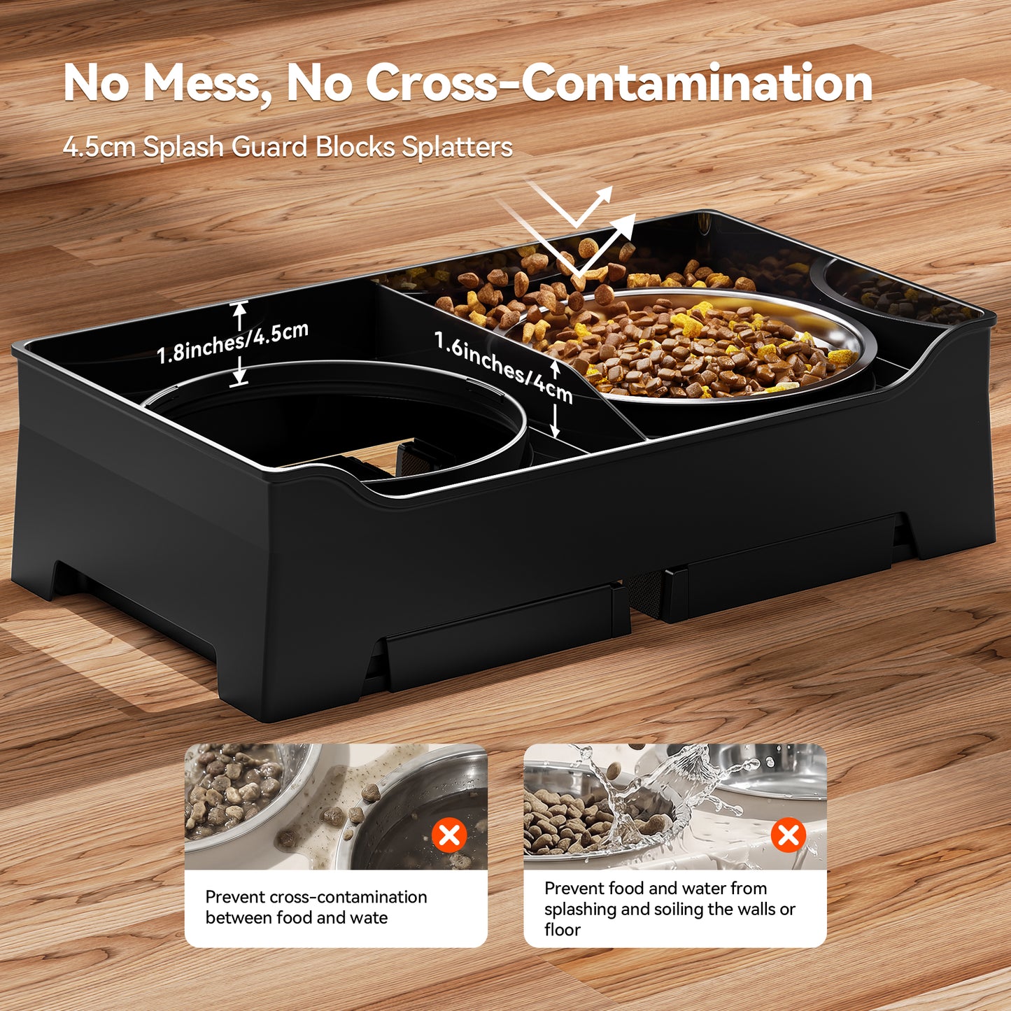 Elevated Dog Bowls Mess Proof with Splash Guard 4 Heights Adjustable Raised Stand with 2L (67 oz) Stainless Steel Bowls, Lifted Food Water Feeder for Small, Medium & Large Dogs