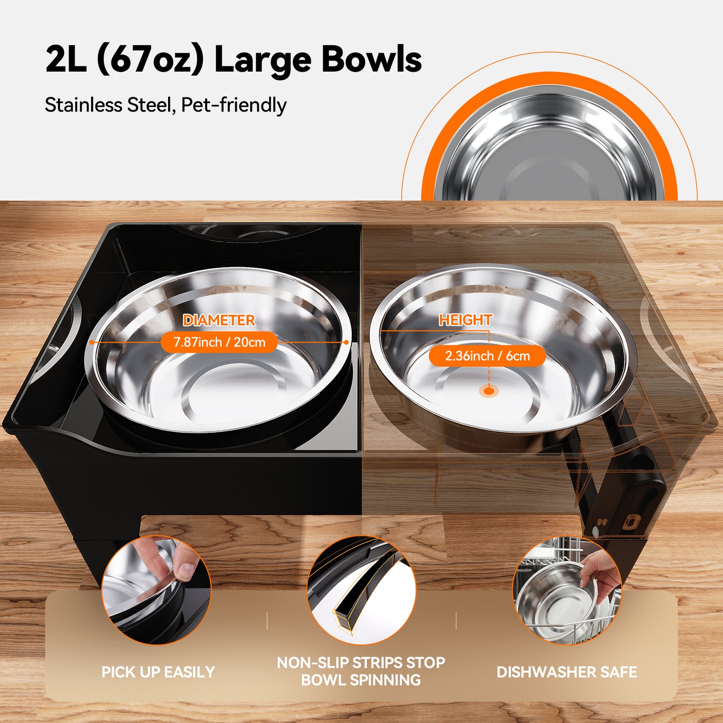 Elevated Dog Bowls Mess Proof with Splash Guard 4 Heights Adjustable Raised Stand with 2L (67 oz) Stainless Steel Bowls, Lifted Food Water Feeder for Small, Medium & Large Dogs