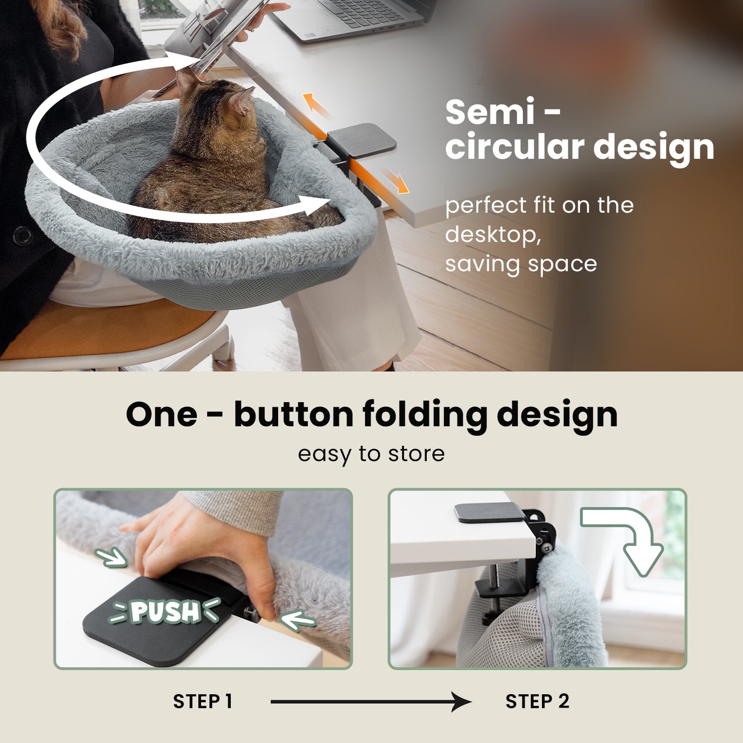 Space Saving Cat Bed for Desk - Folding, Sunken Design & Space-Saving Semi-Circular Cat Bed