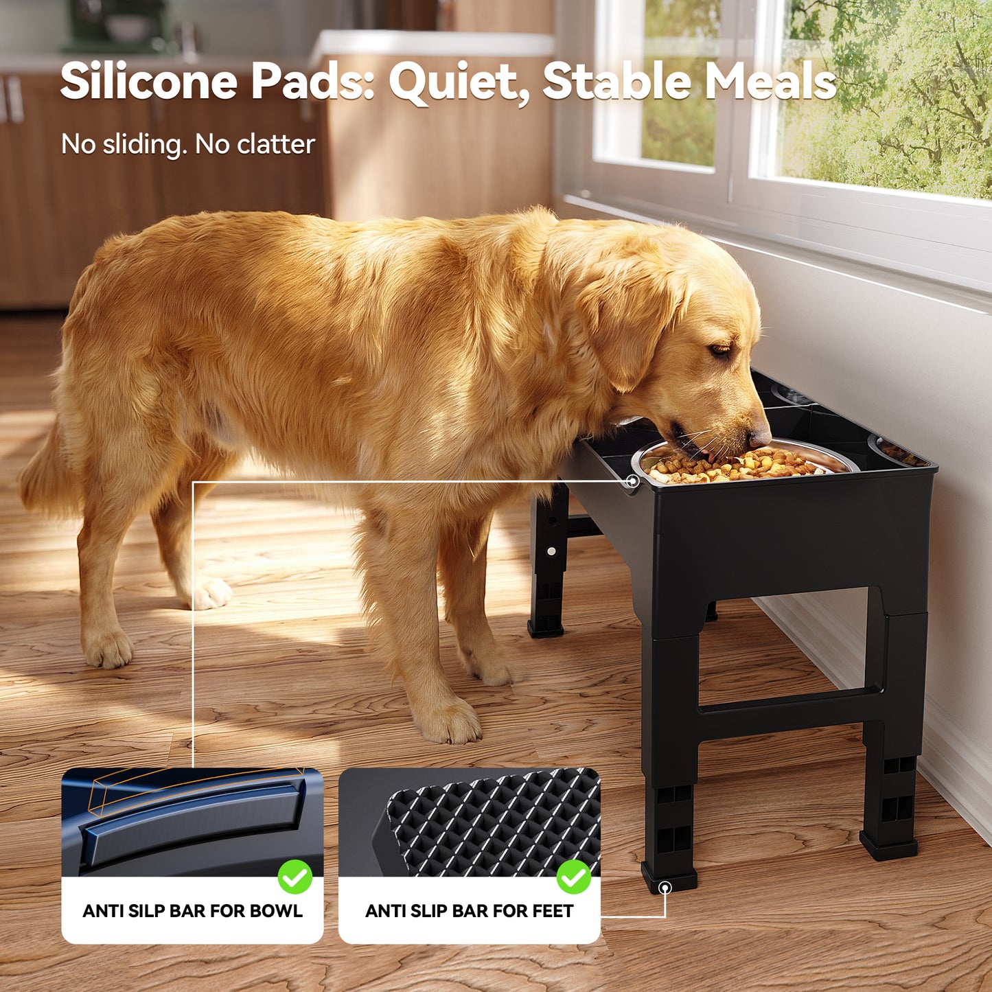 Elevated Dog Bowls Mess Proof with Splash Guard 4 Heights Adjustable Raised Stand with 2L (67 oz) Stainless Steel Bowls, Lifted Food Water Feeder for Small, Medium & Large Dogs