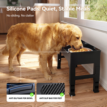 Elevated Dog Bowls Mess Proof with Splash Guard 4 Heights Adjustable Raised Stand with 2L (67 oz) Stainless Steel Bowls, Lifted Food Water Feeder for Small, Medium & Large Dogs