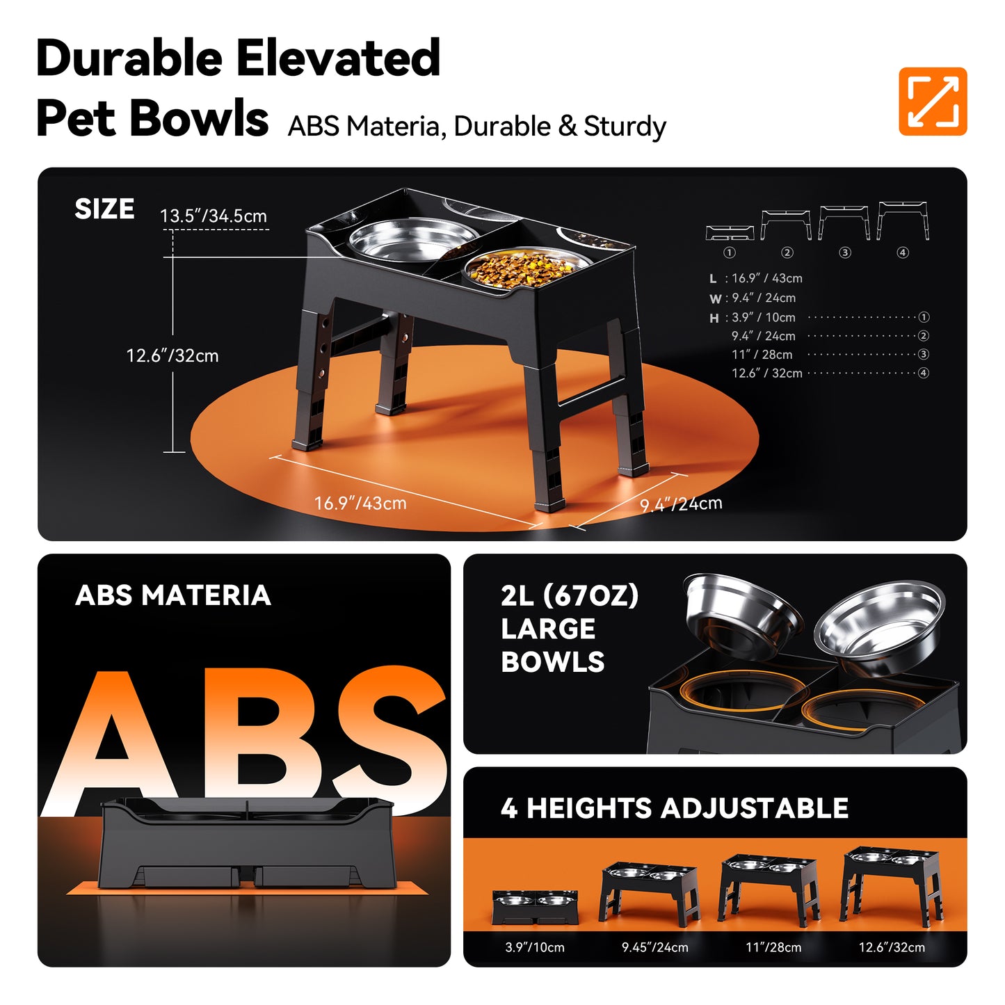 Elevated Dog Bowls Mess Proof with Splash Guard 4 Heights Adjustable Raised Stand with 2L (67 oz) Stainless Steel Bowls, Lifted Food Water Feeder for Small, Medium & Large Dogs
