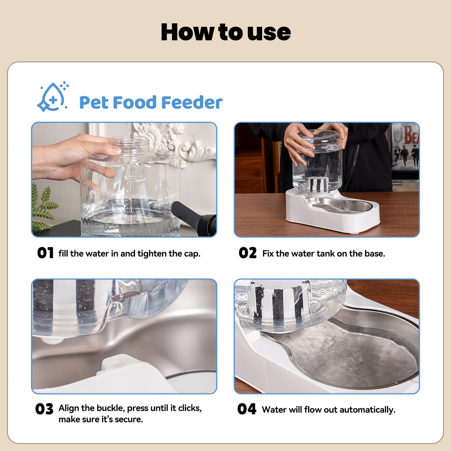 Automatic Cat Water Dispenser with Stainless Steel Bowl, Dog Water Bowl Dispenser Adjustable Water Dispensing, Auto Pet Waterer for Cats and Dogs