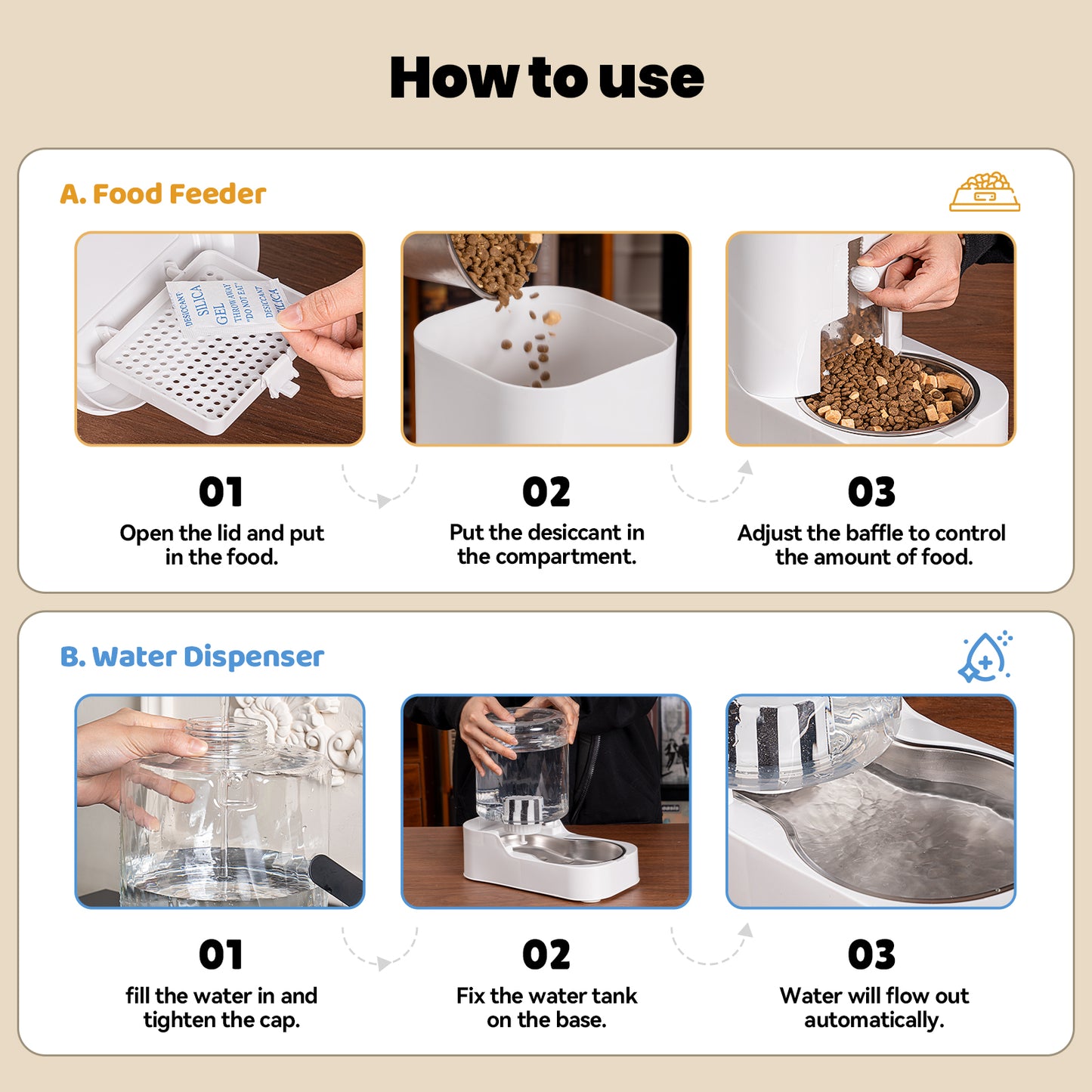 Automatic Cat Feeder Dog Water Bowl Dispenser Set with Stainless Steel Bowl, Adjustable Food Dispensing & Keep Food Dry, Auto Pet Feeder and Waterer for Cats and Dogs