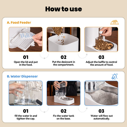 Automatic Cat Feeder Dog Water Bowl Dispenser Set with Stainless Steel Bowl, Adjustable Food Dispensing & Keep Food Dry, Auto Pet Feeder and Waterer for Cats and Dogs