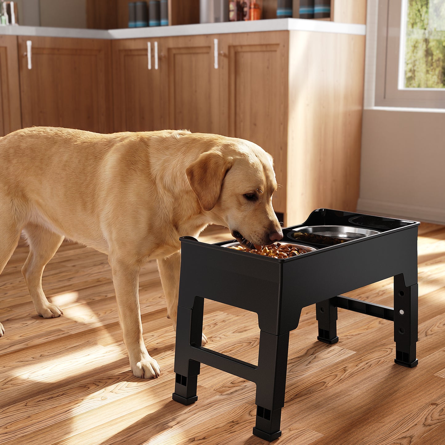Elevated Dog Bowls Mess Proof with Splash Guard 4 Heights Adjustable Raised Stand with 2L (67 oz) Stainless Steel Bowls, Lifted Food Water Feeder for Small, Medium & Large Dogs