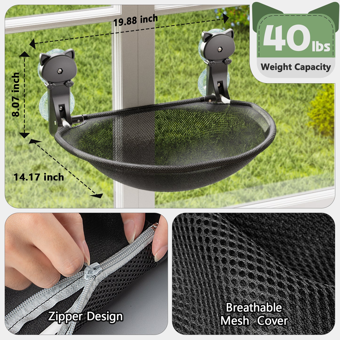 Cat Window Perch, Foldable & Breathable Cat Window Hammock - Maximum Hold Up to 40lb