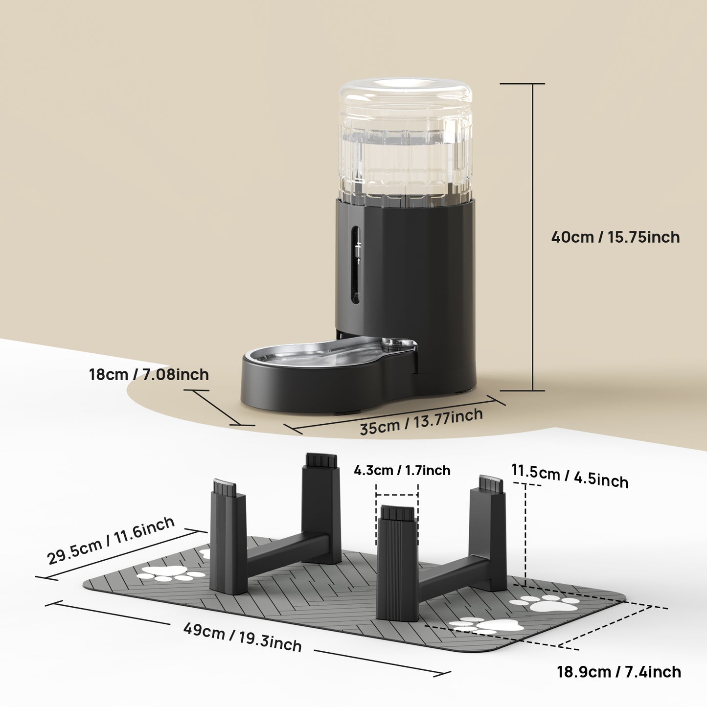 Elevated Dog Water Bowl Dispenser with Mat, Tall Raised Pet Waterer Stand, Relieve Neck Pressure (Stand+Mat, Black)